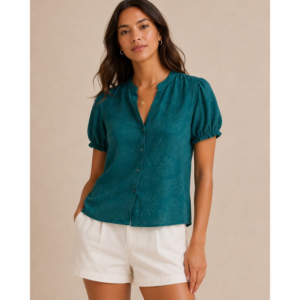 Rio & Rian Teal Green Floral Jacquard Puff Sleeve Button‎ Front Blouse NWT PS